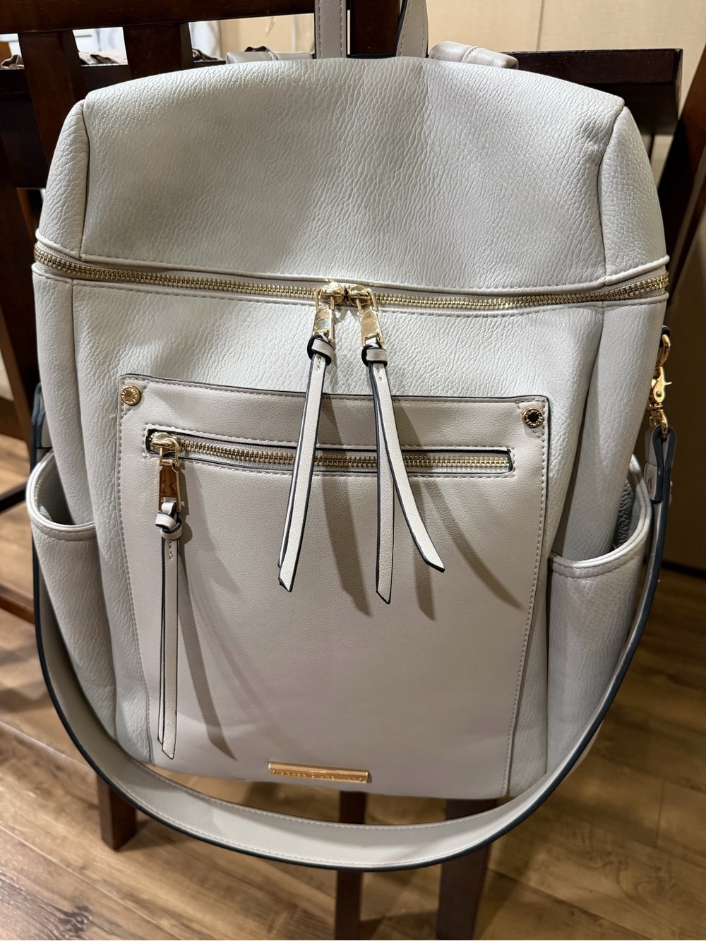 Poppy & Peonies Cream Leather Backpack Tote with Gold Hardware